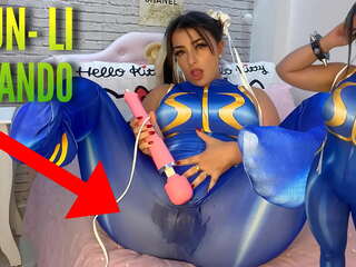 Alluring cosplay Ms dressed as Chun Li from street fighter playing with her htachi vibrator cumming and soaking her panties and pants ahegao